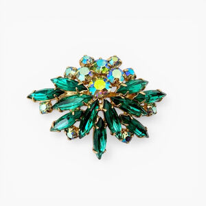 Vintage Austria Style Green Rhinestone Brooch Aurora Borealis Crystal Flower Pin